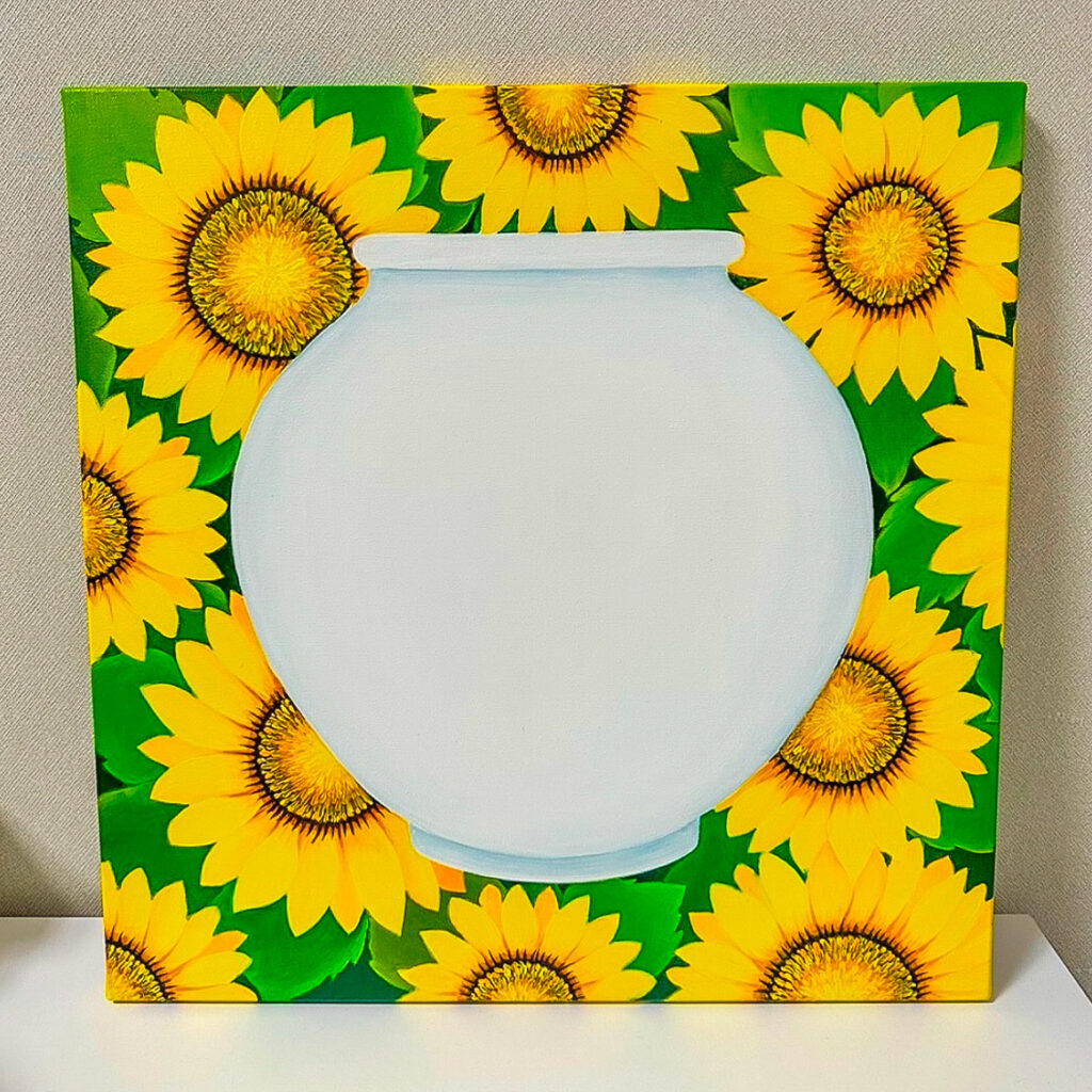 보림공방 수제 유화 작품 - 화사한 노란색 해바라기들에 둘러싸인 한국 전통 백자 달항아리 인테리어 그림
Hand-painted oil painting by Borim Atelier: A traditional Korean white moon jar surrounded by vibrant yellow sunflowers, perfect for home decor.