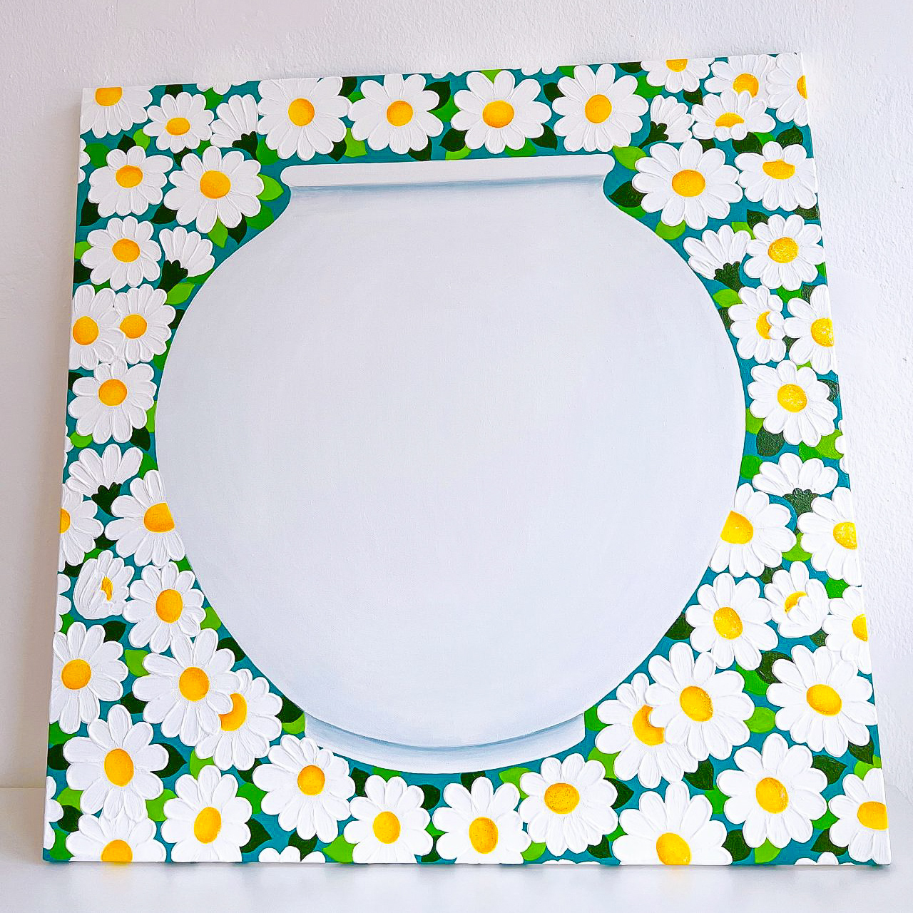 Hand-painted oil painting of a traditional Korean moon jar surrounded by white floral patterns\
흰 꽃 무늬로 둘러싸인 전통 달항아리를 표현한 한국 작가의 수제 유화 작품