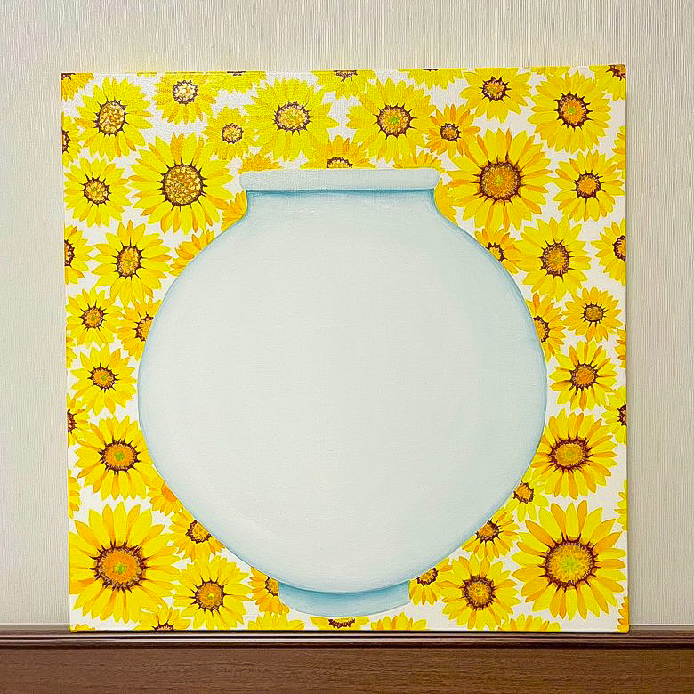 Handmade oil painting depicting a traditional Korean moon jar surrounded by fully bloomed pink cherry blossoms